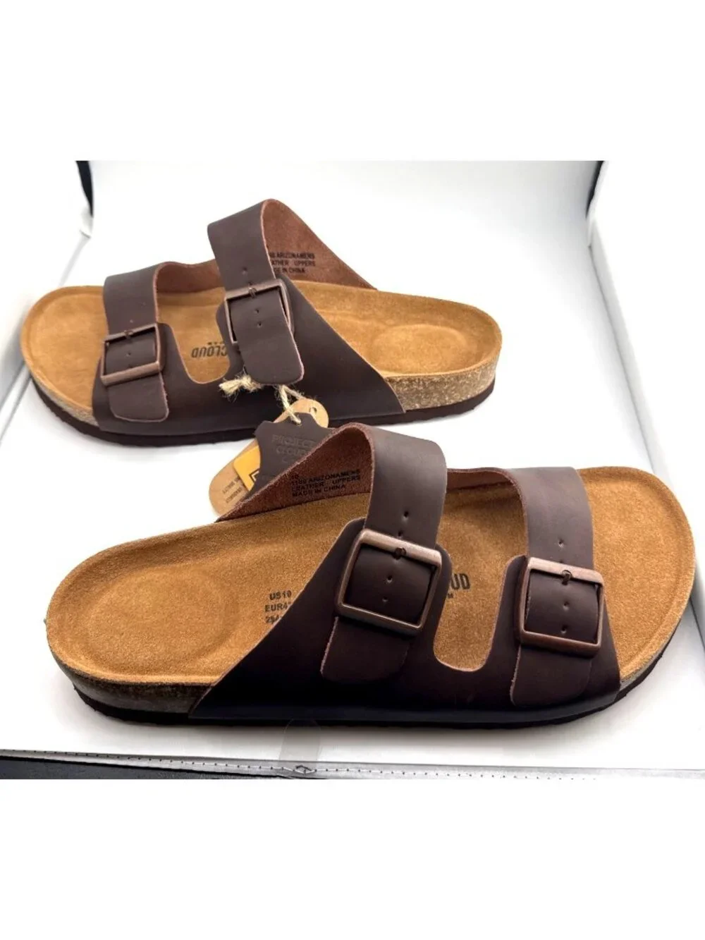 Project Cloud Arizona Mens 10 Brown Leather Double Buckle Sandals 1160 NWT